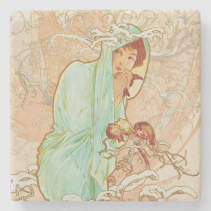 Porta-copo De Pedra Alphonse Mucha Winter Vintage Art Nouveau Painting