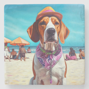 Porta-copo De Pedra American English Foxhound on Beach, presente de ve