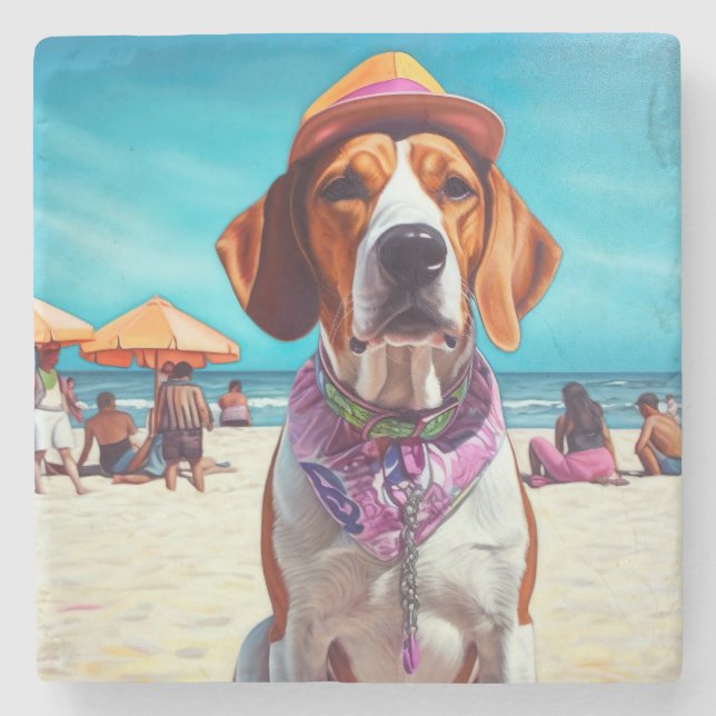 Porta-copo De Pedra American English Foxhound on Beach, presente de ve (Frente)