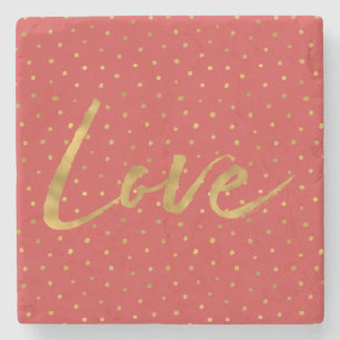 Porta-copo De Pedra Amor Dourado Chic com Pontos Vermelhos