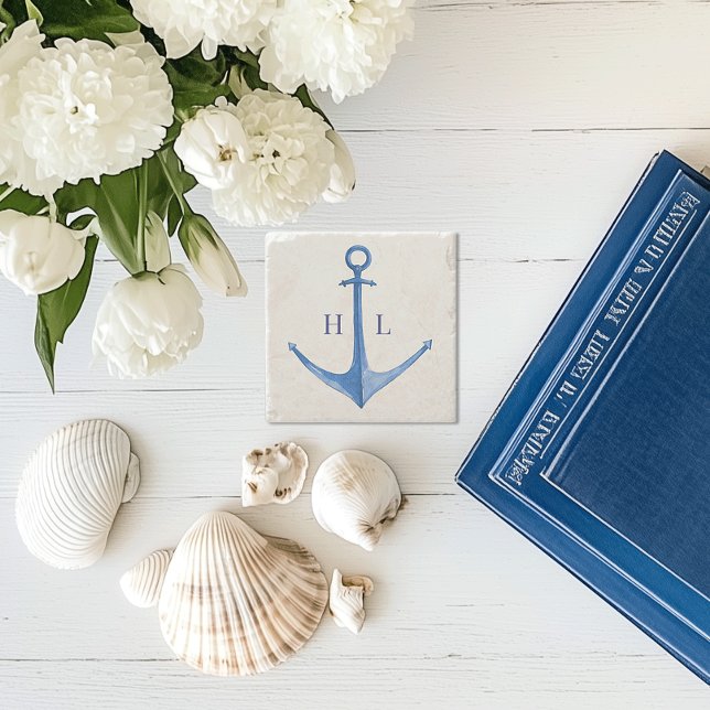 Porta-copo De Pedra Âncora de Barco Rústica Monogramada  (rustic watercolor boat anchor monogrammed stone coaster)