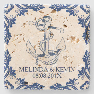 Porta-copo De Pedra Âncora Náutica Azul e Quadro Floral Azul