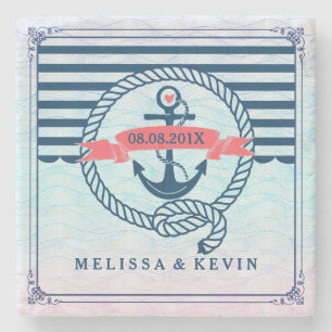 Porta-copo De Pedra Âncora Náutica Marinho Azul De Barcos Com Nó