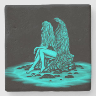 Porta-copo De Pedra Angel, perdido no pensamento, Design preto e verde