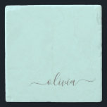 Porta-copo De Pedra Aqua Blue Teal Modern Script Girly Monographic Nam<br><div class="desc">Azulejo de Pedra de Nome Simples de Script Teal Azul Aqua. Isso faz a formatura perfeita,  doce aniversário de 16 anos,  casamento,  chá de panela,  aniversário,  chá de fraldas ou presente de festa de solteira para alguém que ama luxo de vidro e estilos quicos.</div>