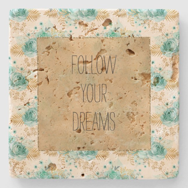 Porta-copo De Pedra Aqua Cream Dourada Floral (Frente)