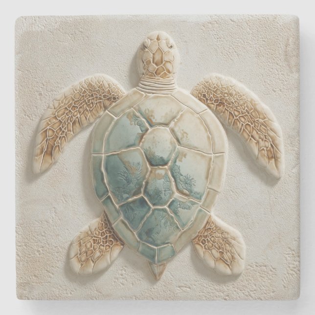 Porta-copo De Pedra Aqua Sea Turtle Coastal Artwork (Frente)