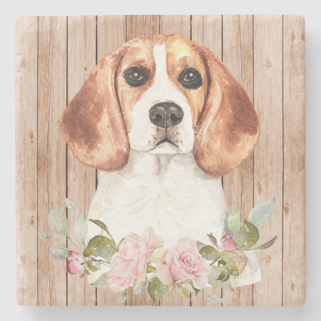 Porta-copo De Pedra Aquarela Beagle & Flores  (Frente)
