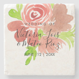 Porta-copo De Pedra Aquarela Floral Rosa Bege Blush Folha Casamento