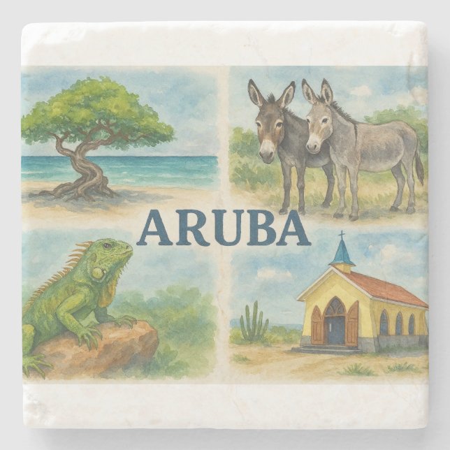 Porta-copo De Pedra Aquarela multivisual de Aruba (Frente)