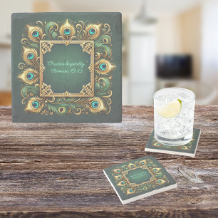 Porta-copo De Pedra Armadura de Pavão em Verde Dourado Personalizável