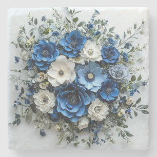 Porta-copo De Pedra Arranjo Floral Azul e Branco Lindo