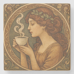 Porta-copo De Pedra Art Nouveau Mulher Com Café