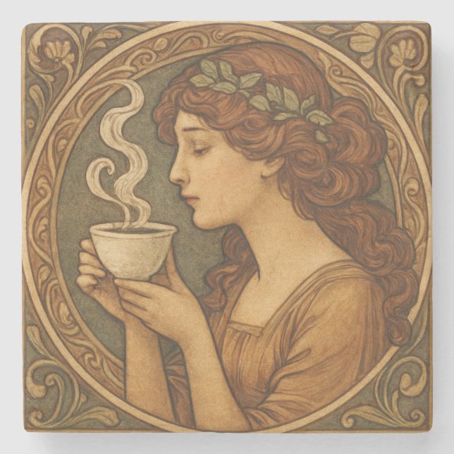Porta-copo De Pedra Art Nouveau Mulher Com Café (Frente)