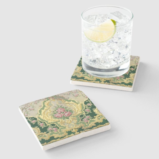 Porta-copo De Pedra Art Nouveau Rosas Douradas Metálicas Rosa Mesa de  (Lateral)