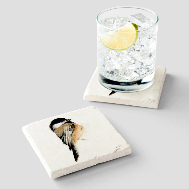 Porta-copo De Pedra Arte de Aquarela Chickadee (Chickadee Watercolor Art Stone Coaster from Jenn's Emporium. )
