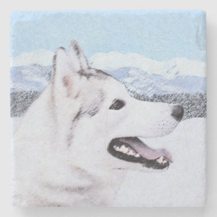 Porta-copo De Pedra Arte de Cão Siberiana (Prata e Branca)