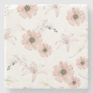 Porta-copo De Pedra Arte de Flores Rosa Bege em Aquarela
