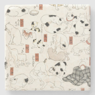 Porta-copo De Pedra Arte de Gato Japonês Vintage Impressão em Xilograv