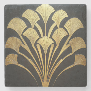 Porta-copo De Pedra Arte Deco Retro Preto Dourado Planta Hieroglífica