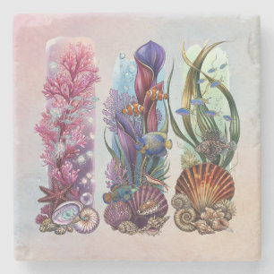 Porta-copo De Pedra Arte em Aquarela da Vida Marinha do Recife de Cora
