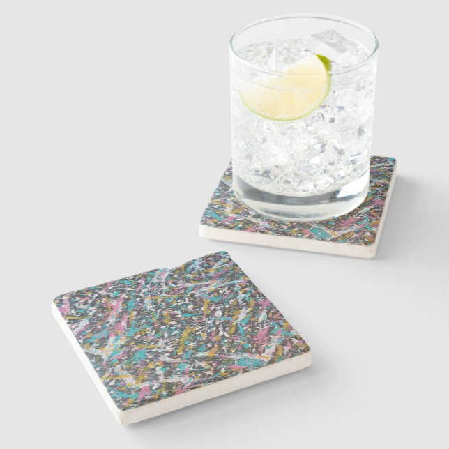 Porta-copo De Pedra Arte Funky Splatter em Preto (Lateral)