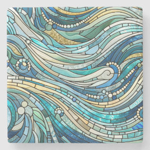 Porta-copo De Pedra Arte Mosaico Azul Turquesa do Mar de Ondas