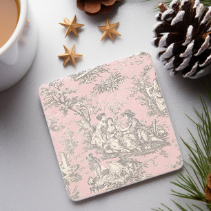 Porta-copo De Pedra Arte Toile de Jouy Rosa Antigo Preto