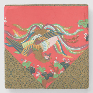 Porta-copo De Pedra Arte Vintage do Pássaro Fênix Vermelho Japonês G.A