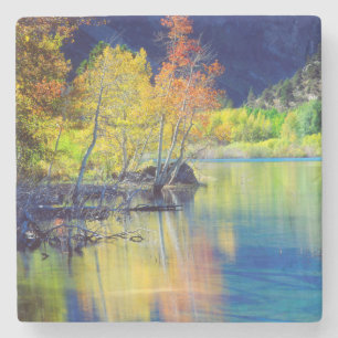 Porta-copo De Pedra Árvore de Aspen no outono refletindo no Lago Grant