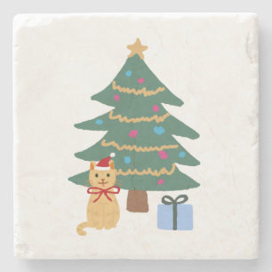 Porta-copo De Pedra Árvore de Ilustração de Gato de Natal