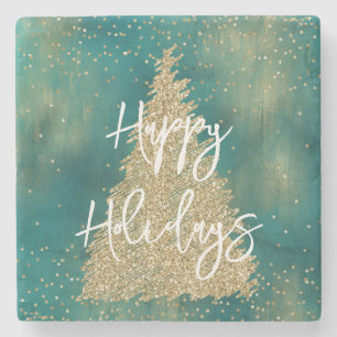 Porta-copo De Pedra Árvore de Natal Glitter Dourado Verde Teal