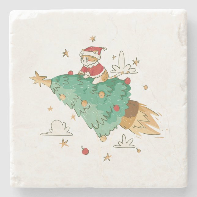 Porta-copo De Pedra Árvore de Natal Voadora Santa Gato (Frente)