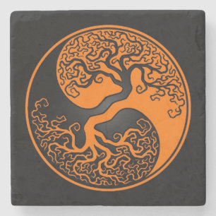 Porta-copo De Pedra Árvore de vida alaranjada e preta Yin Yang