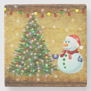 Porta-copo De Pedra Árvore Natal Snowman