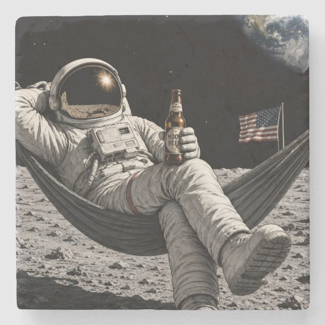 Porta-copo De Pedra Astronauta Bebendo Cerveja na Lua (Frente)