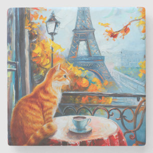Porta-copo De Pedra Autumn Parisiense Ginger Cat em um café