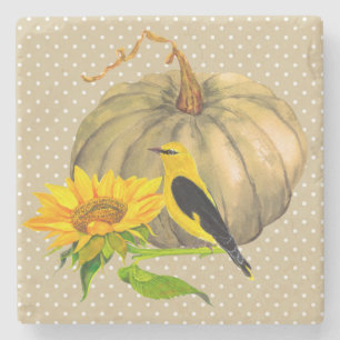 Porta-copo De Pedra Autumn Pumpkin Sunflower e Finch