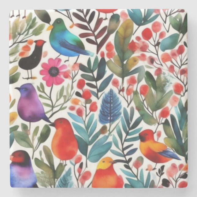 Porta-copo De Pedra Aves florais coloridas (Frente)