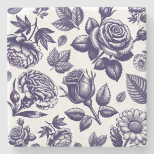 Porta-copo De Pedra Azul Marinho Floral Vintage