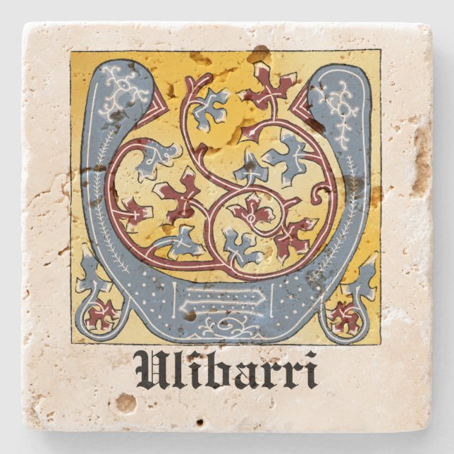 Porta-copo De Pedra Azul Medieval e Vermelho Ivy Iluminado - Letra U (Frente)