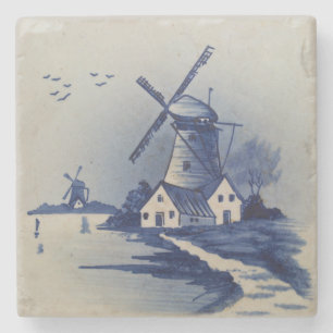 Porta-copo De Pedra Azul Vintage Delft Moinho de Vento Branco