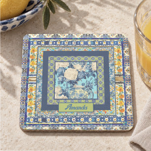 Porta-copo De Pedra Azulejo azul floral elegante monograma nota de chi