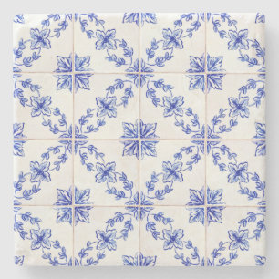 Porta-copo De Pedra Azulejo Azul Português Padrão de Mosaico Vintage
