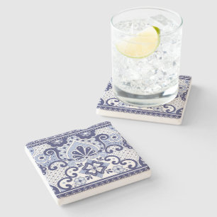 Porta-copo De Pedra Azulejo de Arte Folclórica Mexicana Azul e Branco