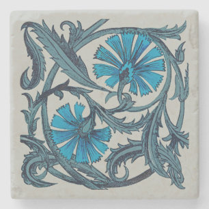 Porta-copo De Pedra Azulejo Decorativo de Arte Floral Antiga Azul Vint