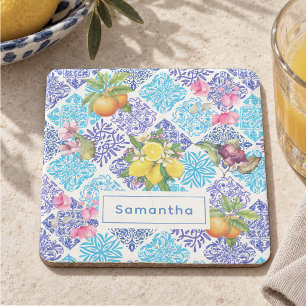 Porta-copo De Pedra Azulejo Floral de Citrino Siciliano Azul Vibrante