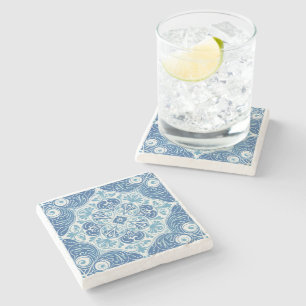 Porta-copo De Pedra Azulejo Intrincado Azul e Branco com Motivo Floral