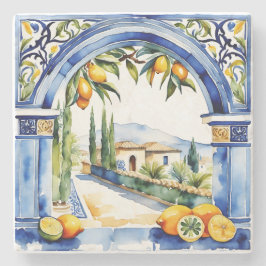 Porta-copo De Pedra Azulejos azuis italianos com paisagem rural de lim