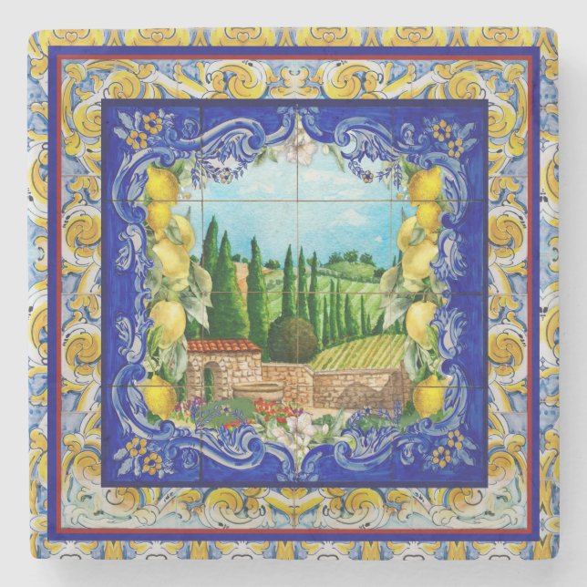 Porta-copo De Pedra azulejos azuis Majolica italianos (Frente)